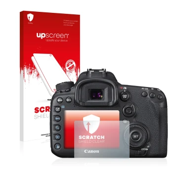Parte frontale di una confezione del prodotto con il logo del marchio upscreen. Accanto è raffigurato il dispositivo Canon EOS