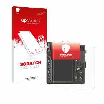 Parte frontale di una confezione del prodotto con il logo del marchio upscreen. Accanto è raffigurato il dispositivo Fujifilm 