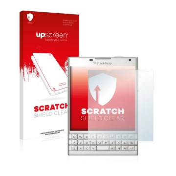 Parte frontale di una confezione del prodotto con il logo del marchio upscreen. Accanto è raffigurato il dispositivo BlackBerr