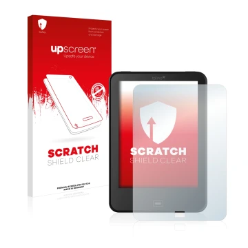 Parte frontale di una confezione del prodotto con il logo del marchio upscreen. Accanto è raffigurato il dispositivo Tolino Vi