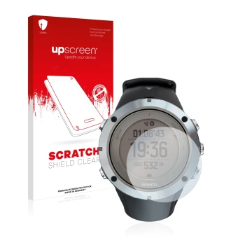 Parte frontale di una confezione del prodotto con il logo del marchio upscreen. Accanto è raffigurato il dispositivo Suunto Am