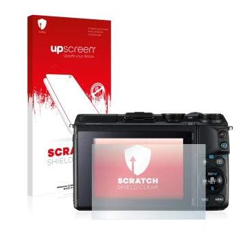 Parte frontale di una confezione del prodotto con il logo del marchio upscreen. Accanto è raffigurato il dispositivo Canon EOS