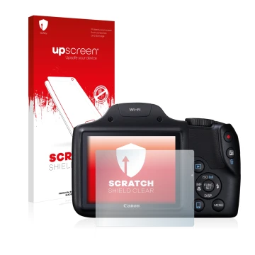 Parte frontale di una confezione del prodotto con il logo del marchio upscreen. Accanto è raffigurato il dispositivo Canon Pow