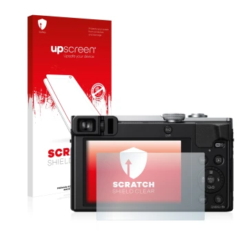 Parte frontale di una confezione del prodotto con il logo del marchio upscreen. Accanto è raffigurato il dispositivo Panasonic