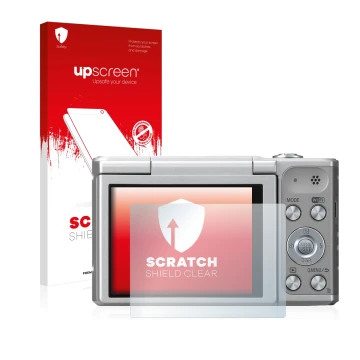 Parte frontale di una confezione del prodotto con il logo del marchio upscreen. Accanto è raffigurato il dispositivo Panasonic