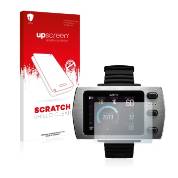 Parte frontale di una confezione del prodotto con il logo del marchio upscreen. Accanto è raffigurato il dispositivo Suunto Eo