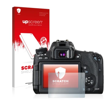 Parte frontale di una confezione del prodotto con il logo del marchio upscreen. Accanto è raffigurato il dispositivo Canon EOS