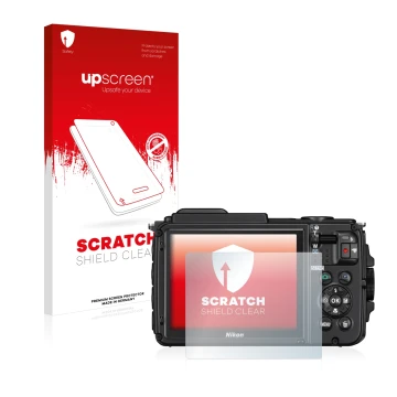 Parte frontale di una confezione del prodotto con il logo del marchio upscreen. Accanto è raffigurato il dispositivo Nikon Coo