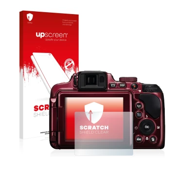Parte frontale di una confezione del prodotto con il logo del marchio upscreen. Accanto è raffigurato il dispositivo Nikon Coo