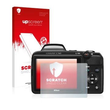 Parte frontale di una confezione del prodotto con il logo del marchio upscreen. Accanto è raffigurato il dispositivo Nikon Coo