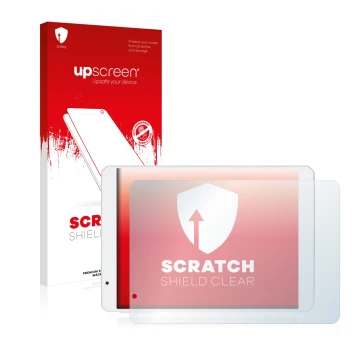 Parte frontale di una confezione del prodotto con il logo del marchio upscreen. Accanto è raffigurato il dispositivo Teclast X