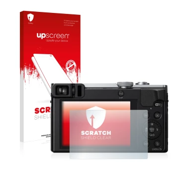 Parte frontale di una confezione del prodotto con il logo del marchio upscreen. Accanto è raffigurato il dispositivo Panasonic