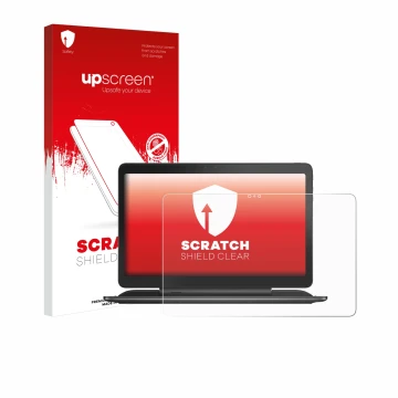 Parte frontale di una confezione del prodotto con il logo del marchio upscreen. Accanto è raffigurato il dispositivo Dell Lati