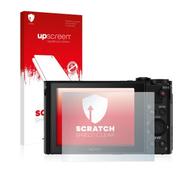 Parte frontale di una confezione del prodotto con il logo del marchio upscreen. Accanto è raffigurato il dispositivo Sony Cybe