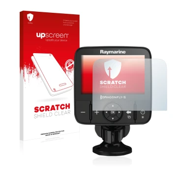 Parte frontale di una confezione del prodotto con il logo del marchio upscreen. Accanto è raffigurato il dispositivo Raymarine