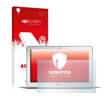 Parte frontale di una confezione del prodotto con il logo del marchio upscreen. Accanto è raffigurato il dispositivo Apple Mac