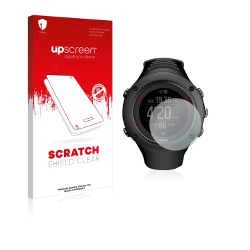 Parte frontale di una confezione del prodotto con il logo del marchio upscreen. Accanto è raffigurato il dispositivo Suunto Am