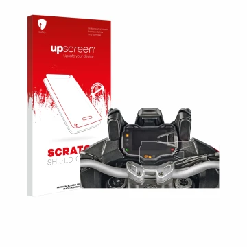Parte frontale di una confezione del prodotto con il logo del marchio upscreen. Accanto è raffigurato il dispositivo Ducati Mu