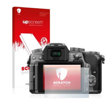 Parte frontale di una confezione del prodotto con il logo del marchio upscreen. Accanto è raffigurato il dispositivo Panasonic