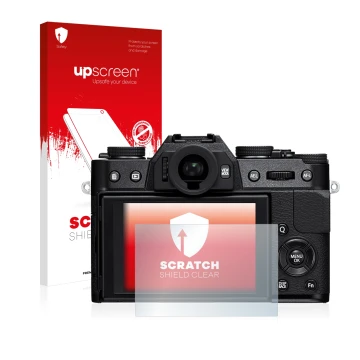 Parte frontale di una confezione del prodotto con il logo del marchio upscreen. Accanto è raffigurato il dispositivo Fujifilm 