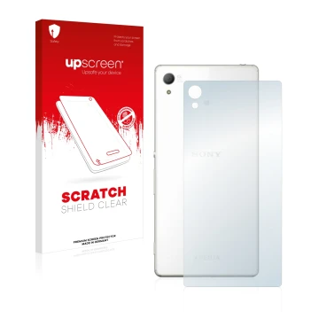 Parte frontale di una confezione del prodotto con il logo del marchio upscreen. Accanto è raffigurato il dispositivo Sony Xper