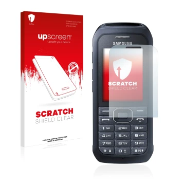 Parte frontale di una confezione del prodotto con il logo del marchio upscreen. Accanto è raffigurato il dispositivo Samsung X