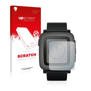 Parte frontale di una confezione del prodotto con il logo del marchio upscreen. Accanto è raffigurato il dispositivo Pebble Ti