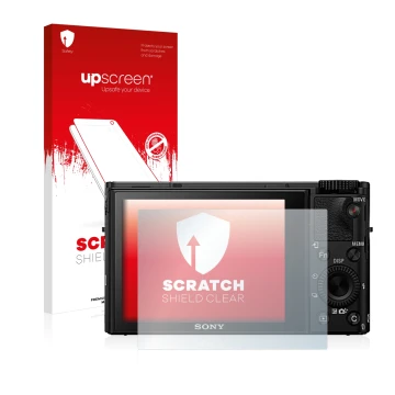 Parte frontale di una confezione del prodotto con il logo del marchio upscreen. Accanto è raffigurato il dispositivo Sony Cybe