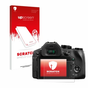 Parte frontale di una confezione del prodotto con il logo del marchio upscreen. Accanto è raffigurato il dispositivo Panasonic