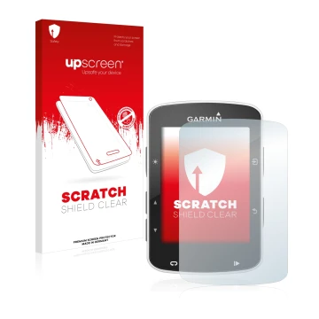 Parte frontale di una confezione del prodotto con il logo del marchio upscreen. Accanto è raffigurato il dispositivo Garmin Ed