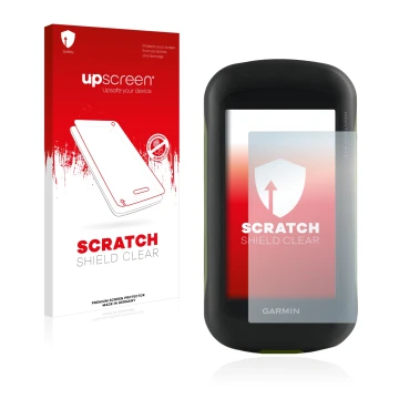 Parte frontale di una confezione del prodotto con il logo del marchio upscreen. Accanto è raffigurato il dispositivo Garmin Mo
