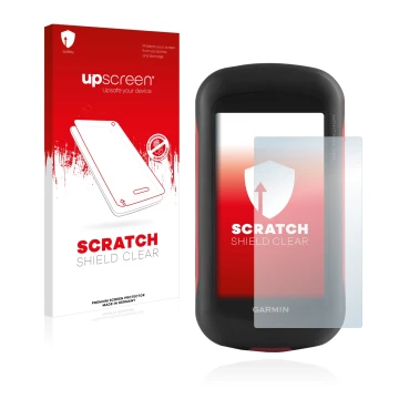 Parte frontale di una confezione del prodotto con il logo del marchio upscreen. Accanto è raffigurato il dispositivo Garmin Mo