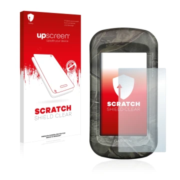 Parte frontale di una confezione del prodotto con il logo del marchio upscreen. Accanto è raffigurato il dispositivo Garmin Mo