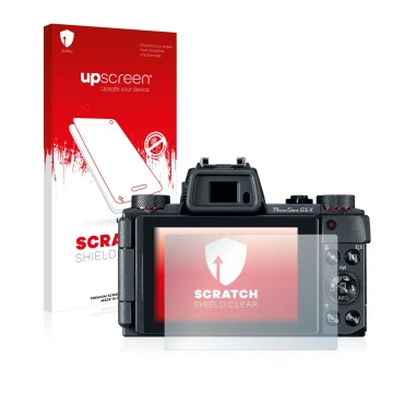 Parte frontale di una confezione del prodotto con il logo del marchio upscreen. Accanto è raffigurato il dispositivo Canon Pow