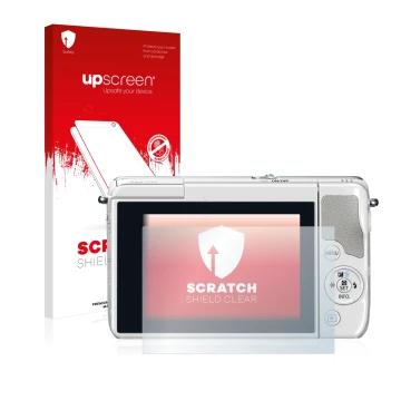 Parte frontale di una confezione del prodotto con il logo del marchio upscreen. Accanto è raffigurato il dispositivo Canon EOS