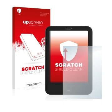 Parte frontale di una confezione del prodotto con il logo del marchio upscreen. Accanto è raffigurato il dispositivo Tolino Sh