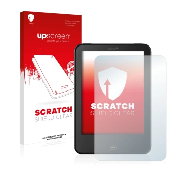 Parte frontale di una confezione del prodotto con il logo del marchio upscreen. Accanto è raffigurato il dispositivo Tolino Vi