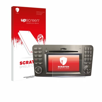 Parte frontale di una confezione del prodotto con il logo del marchio upscreen. Accanto è raffigurato il dispositivo Mercedes-