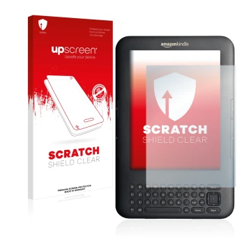 Parte frontale di una confezione del prodotto con il logo del marchio upscreen. Accanto è raffigurato il dispositivo Amazon Ki