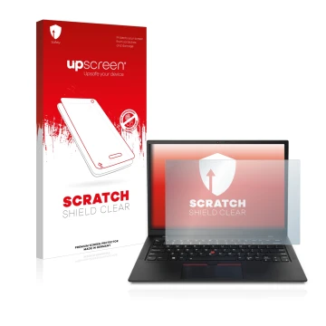 Parte frontale di una confezione del prodotto con il logo del marchio upscreen. Accanto è raffigurato il dispositivo Lenovo Th