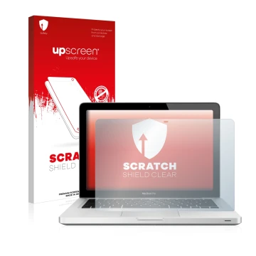 Parte frontale di una confezione del prodotto con il logo del marchio upscreen. Accanto è raffigurato il dispositivo Apple Mac