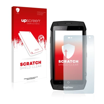 Parte frontale di una confezione del prodotto con il logo del marchio upscreen. Accanto è raffigurato il dispositivo RugGear R