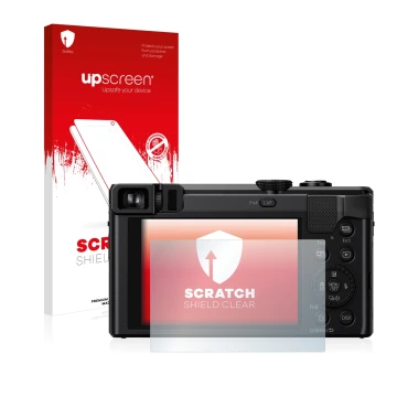 Parte frontale di una confezione del prodotto con il logo del marchio upscreen. Accanto è raffigurato il dispositivo Panasonic