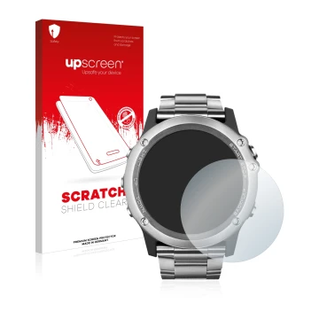 Parte frontale di una confezione del prodotto con il logo del marchio upscreen. Accanto è raffigurato il dispositivo Garmin Fe