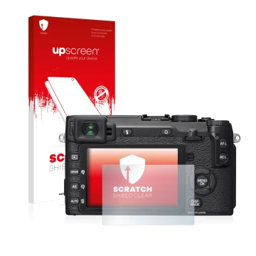 Parte frontale di una confezione del prodotto con il logo del marchio upscreen. Accanto è raffigurato il dispositivo Fujifilm 