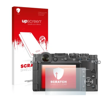 Parte frontale di una confezione del prodotto con il logo del marchio upscreen. Accanto è raffigurato il dispositivo Olympus P