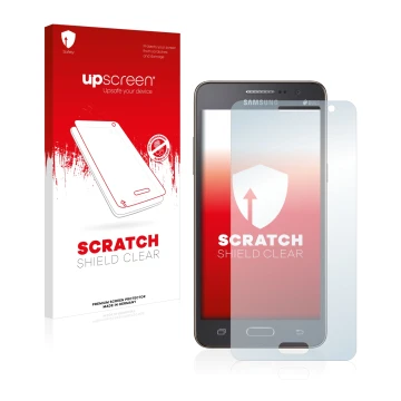 Parte frontale di una confezione del prodotto con il logo del marchio upscreen. Accanto è raffigurato il dispositivo Samsung G
