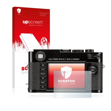 Parte frontale di una confezione del prodotto con il logo del marchio upscreen. Accanto è raffigurato il dispositivo Leica M (