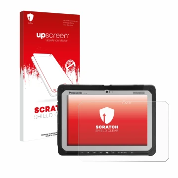 Parte frontale di una confezione del prodotto con il logo del marchio upscreen. Accanto è raffigurato il dispositivo Panasonic