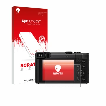 Parte frontale di una confezione del prodotto con il logo del marchio upscreen. Accanto è raffigurato il dispositivo Panasonic